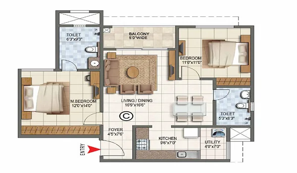 Milan at Godrej MSR City 2 BHK Floor Plan 1250 sq ft artist's impression